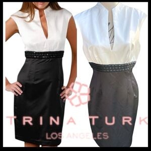 Trina Turk Black/Ivory Astra Satin Mix Sleeveless V-Neck Fitted Dress (8)